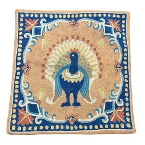 Pillow‎ Cover Hand Embroidered Crewel Wool Blue Pink Cream Peacock Design 16x16